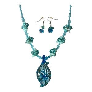 Boho Glass Pendant Necklace & Dangle Earrings Set Beaded Cord Blue Aqua Floral